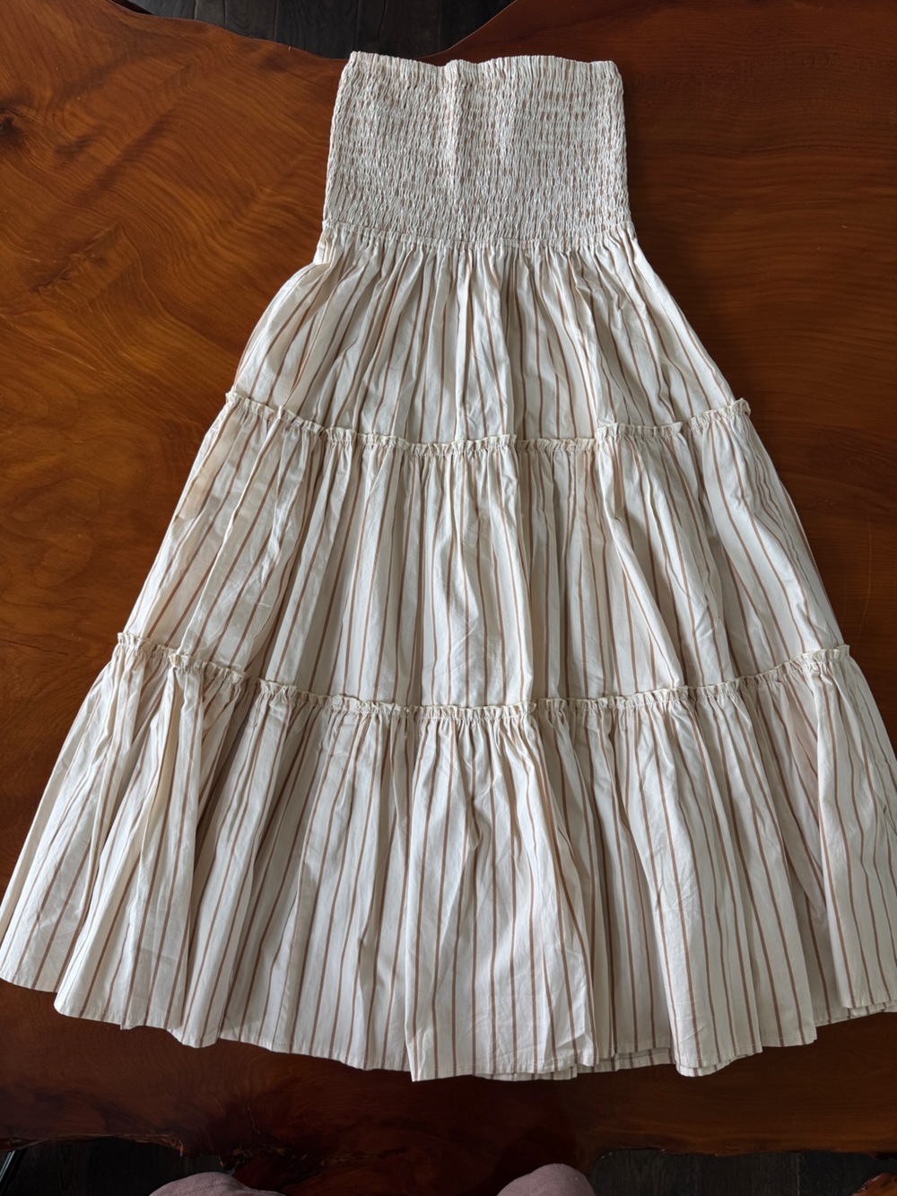 Lusana Strapless Smocked Midi Dress Striped Cream and White - Picture 2 of 5